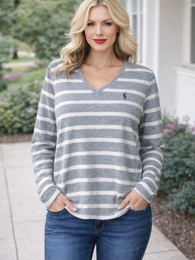 Ralph Lauren Gray and White Striped V-Neck Long Sleeve Top